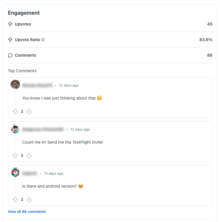 Engagement for the post: 45 upvotes, an 83.6% upvote ratio and 86 comments. Top comments: “You know I was just thinking about that”, “Count me in! Send me the TestFlight invite!” and “Is there and android version?”